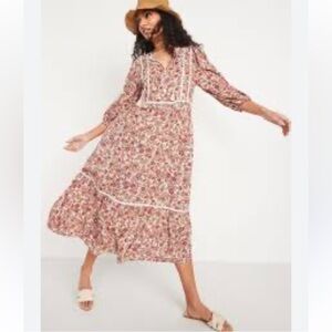 Old Navy Floral-Print 3/4-Sleeve Tie-Neck Midi Swing Dress Boho Cottagecore M